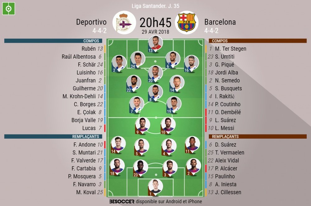Les compos officielles du match de Liga entre La Corogne et le FC Barcelone, J35, 29/04/18. BeSoccer