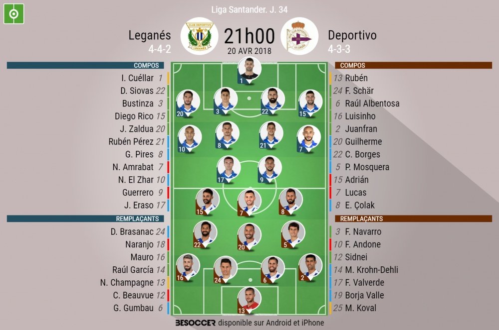 Les compos officielles du match de Liga entre Leganes et le Deportivo, J34, 20/04/18. BeSoccer