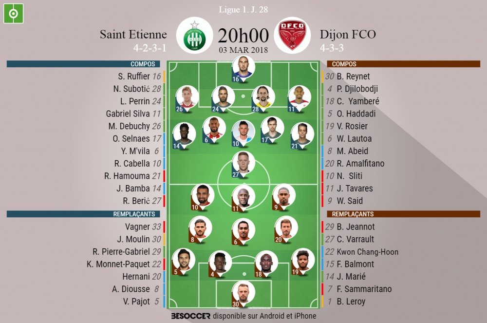 Les compos officielles du match de Ligue 1 entre l'ASSE et Dijon, J27, 03/03/18. BeSoccer
