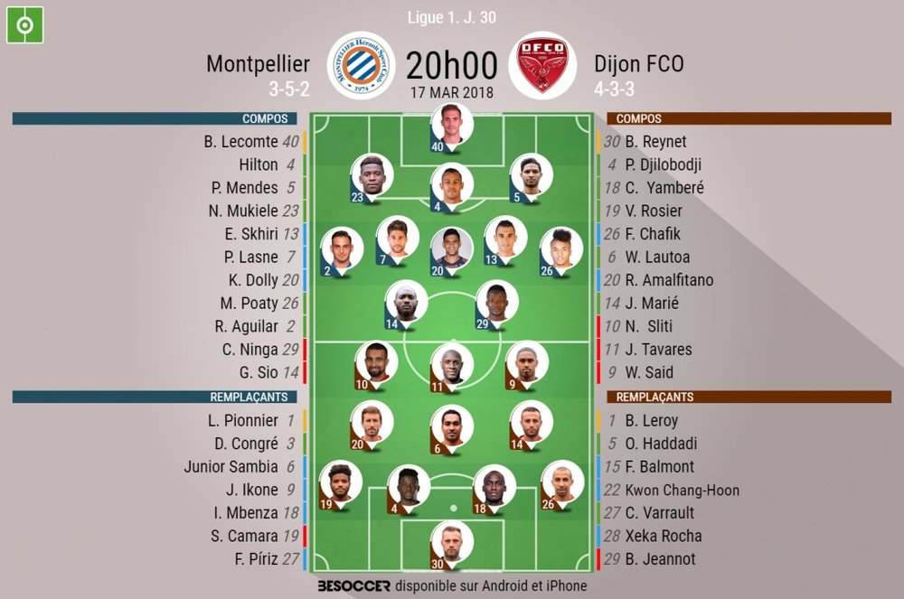 Les compos officielles du match de Ligue 1 entre Montpellier et Dijon, J30, 17/03/18. BeSoccer
