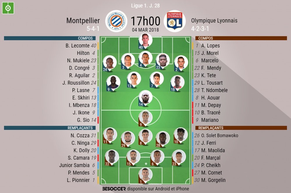 Les compos officielles du match de Ligue 1 entre Montpellier et Lyon, J28, 04/03/18. BeSoccer