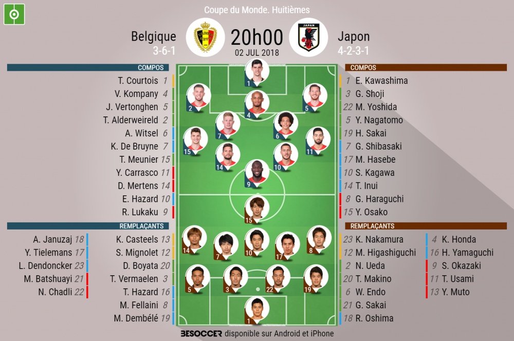 Les compos officielles du match de Mondial en la Belgique et le Japon, 02/07/18. BeSoccer