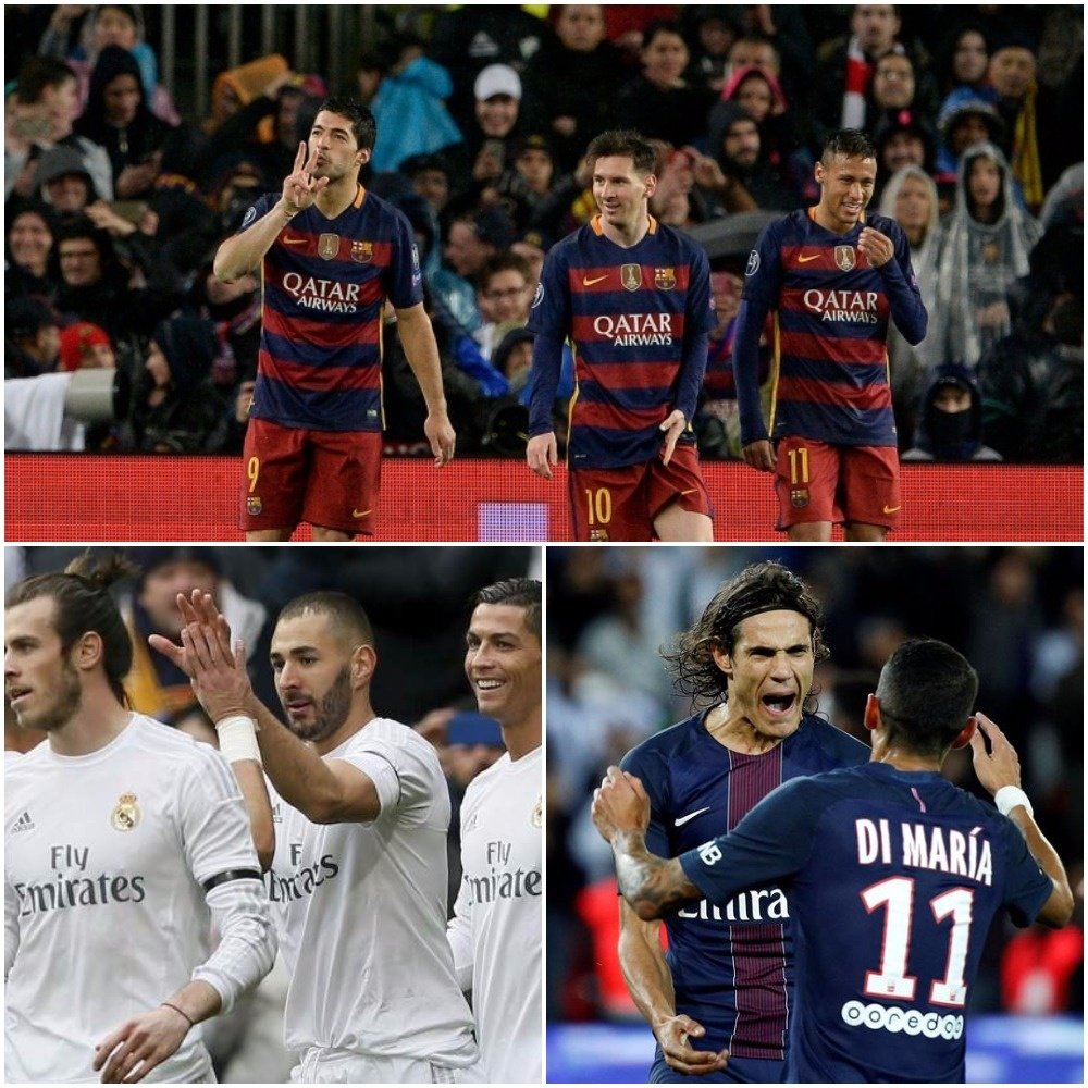 Les trios d'attaque du Barcelone, Real Madrid et PSG. BeSoccer