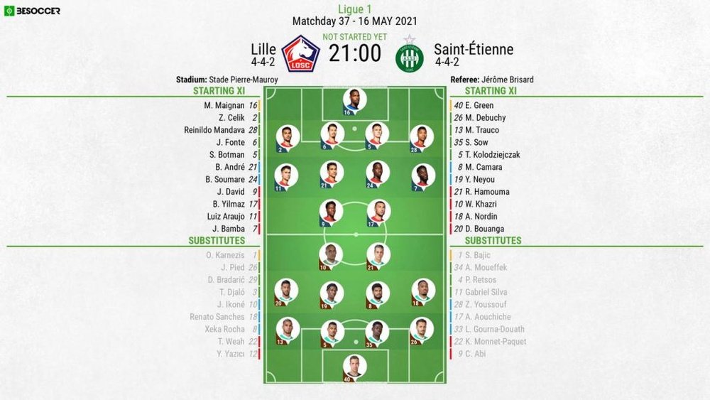 Lille v St Etienne, Ligue 1 2020/21, matchday 37, 16/5/2021 - Official line-ups. BESOCCER