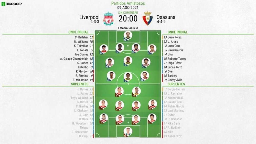 Liverpool v Osasuna, pre-season friendly, 9/8/2021, official line-ups. BeSoccer