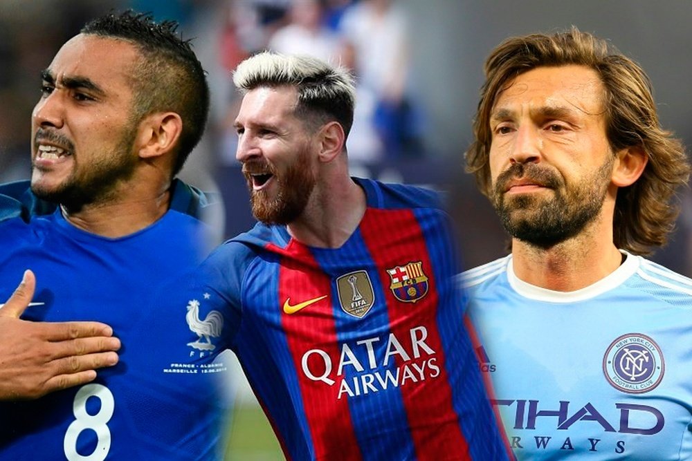 Los futbolistas Leo Messi, Dimitri Payet y Andrea Pirlo, tres de los mejores lanzadores de faltas según el FIFA17. BeSoccer