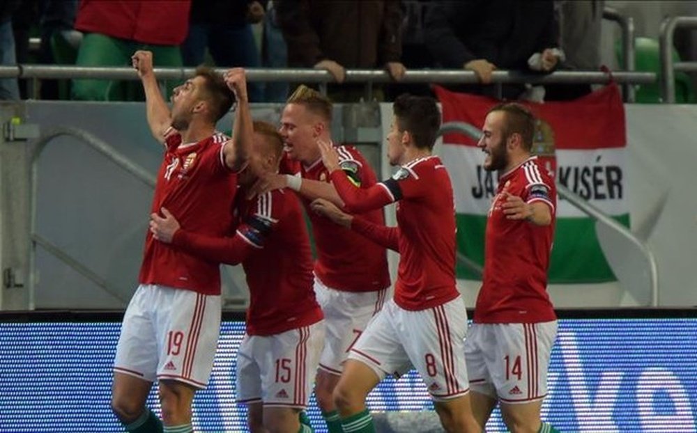 Los jugadores de Hungría celebran un tanto ante Noruega. AFP