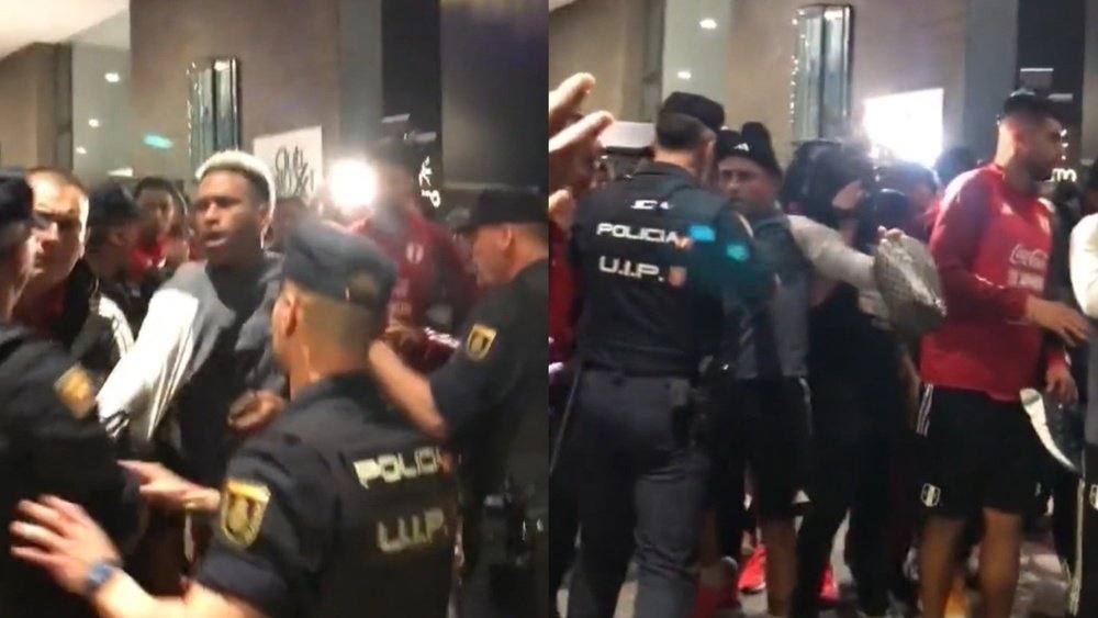 Los jugadores de Perú se engancharon con la Policía a las puertas del hotel. Captura/fegusquizap