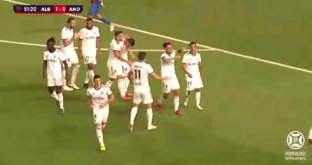 El gol de Fuster le dio la victoria al Albacete ante el FC Andorra. Captura/Footters
