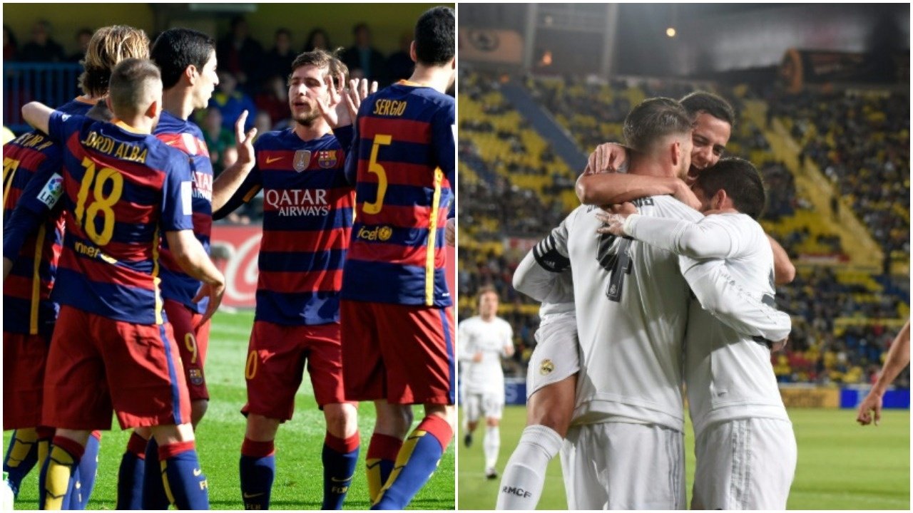 Los jugadores del Barcelona (i) y Real Madrid (d) celebran un tanto. BeSoccer