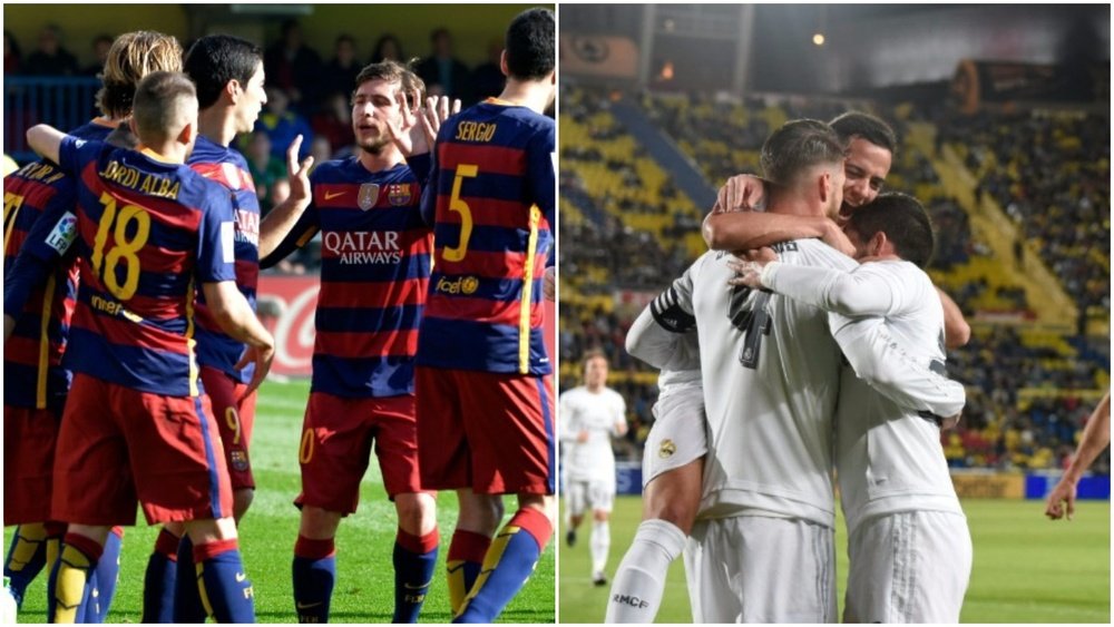Los jugadores del Barcelona (i) y Real Madrid (d) celebran un tanto. BeSoccer