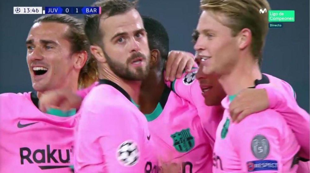 Dembélé, com um pouco de sorte, coloca o Barça na frente. Captura/MovistarLigadeCampeones