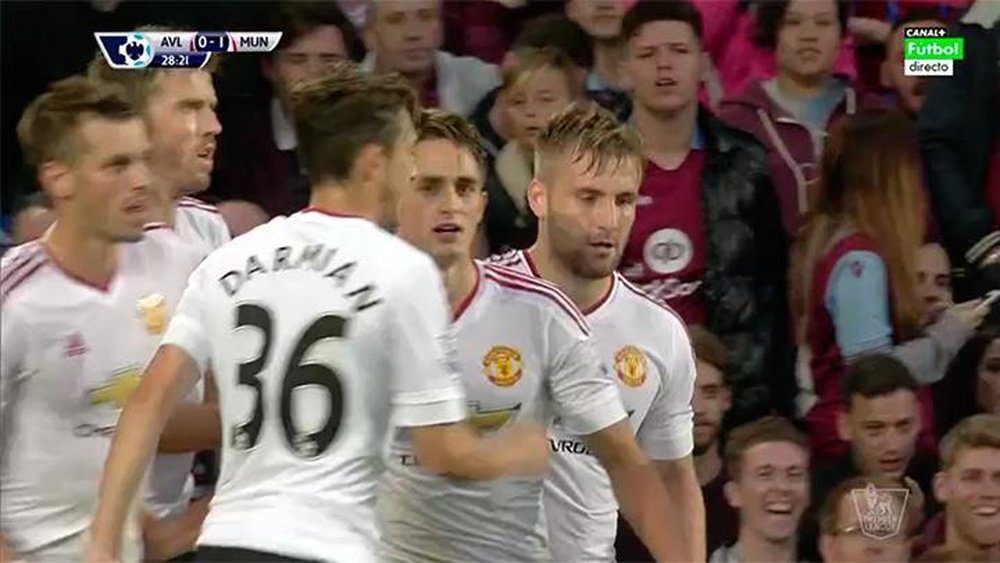 Los jugadores del Manchester United celebran el 0-1 ante el Aston Villa. Twitter