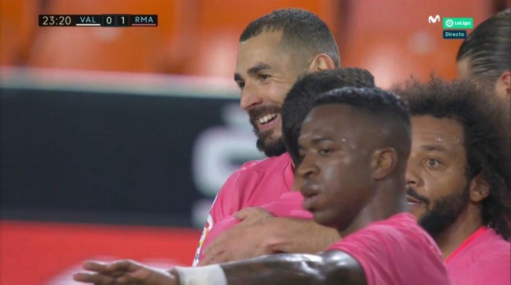 Karim Benzema a ouvert le score d'un golazo à Valence. Capture/MovistarLaLiga