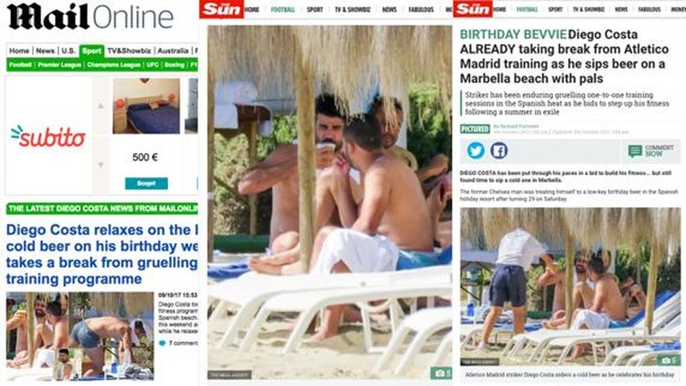 Los medios ingleses cazan a Diego Costa en Marbella. DailyMail/TheSun