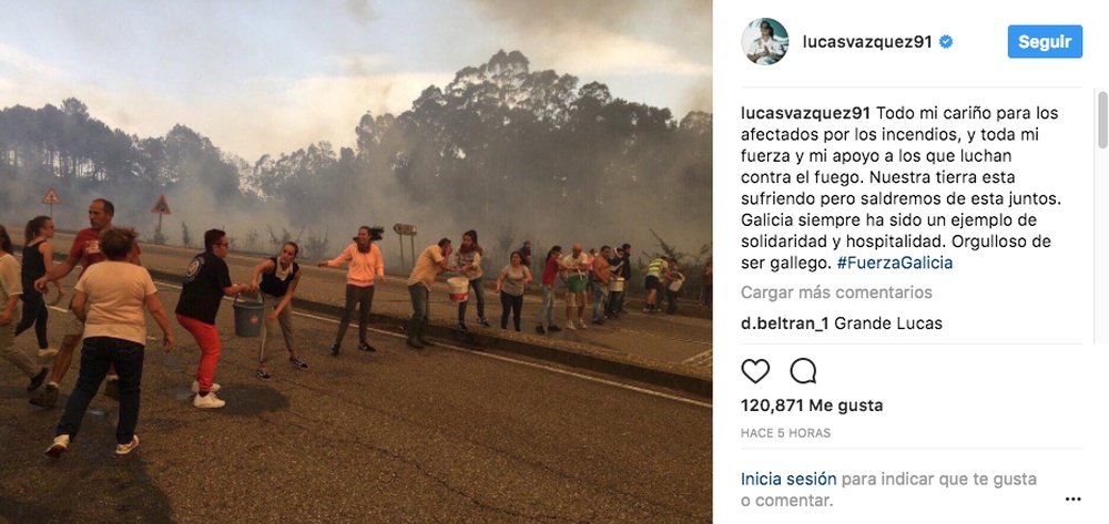 Lucas Vázquez mandó un mensaje de apoyo a los afectados por los incendios. Instagram/LucasVázquez