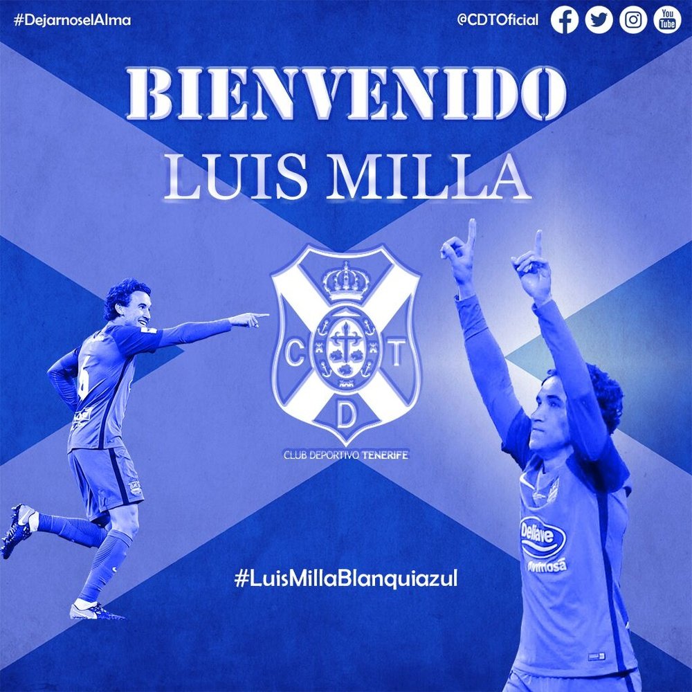 Luis Milla ya es nuevo jugador del Tenerife. Twitter/CDTOficial