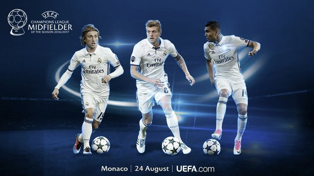 Modric, Kroos y Casemiro, candidatos a mejor centrocampista de la pasada Champions. Twitter/UCL