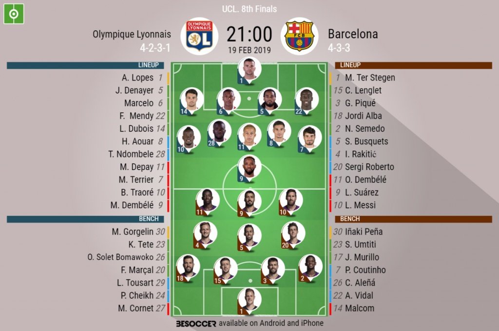 Lyon v Barcelona, Champions League, last-16 - Official line-ups. BESOCCER