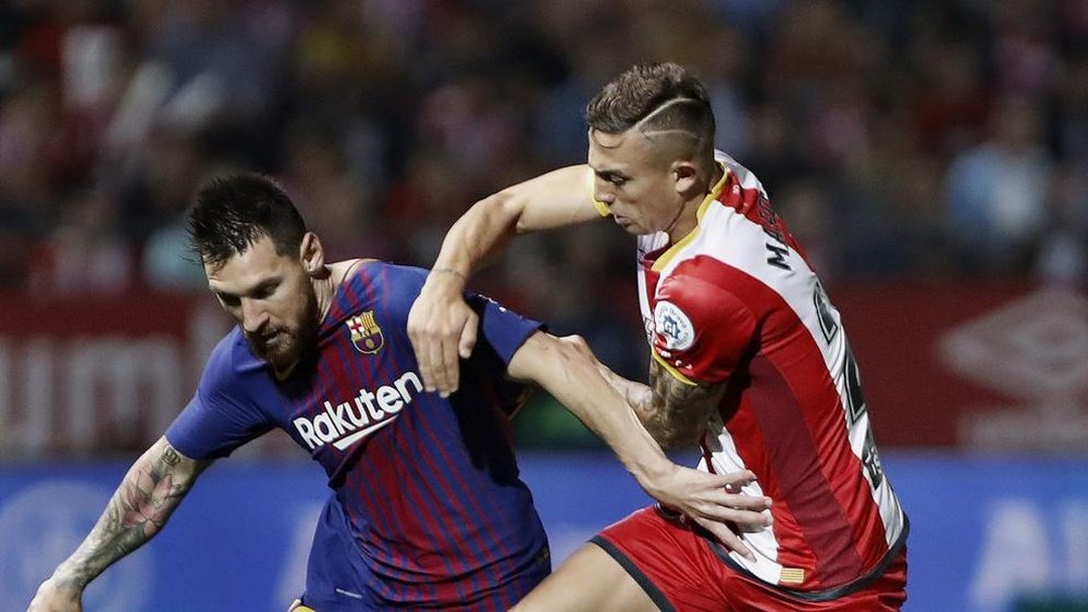 Pablo Maffeo man-marked Lionel Messi out of the game when Girona faced Barcelona on Saturday. AFP
