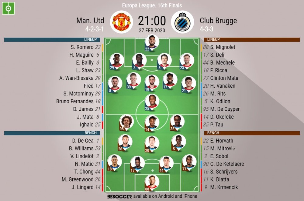 Manchester United v Club Brugge, Europa League last 32, 27/10/19 - official-line-ups. BeSoccer