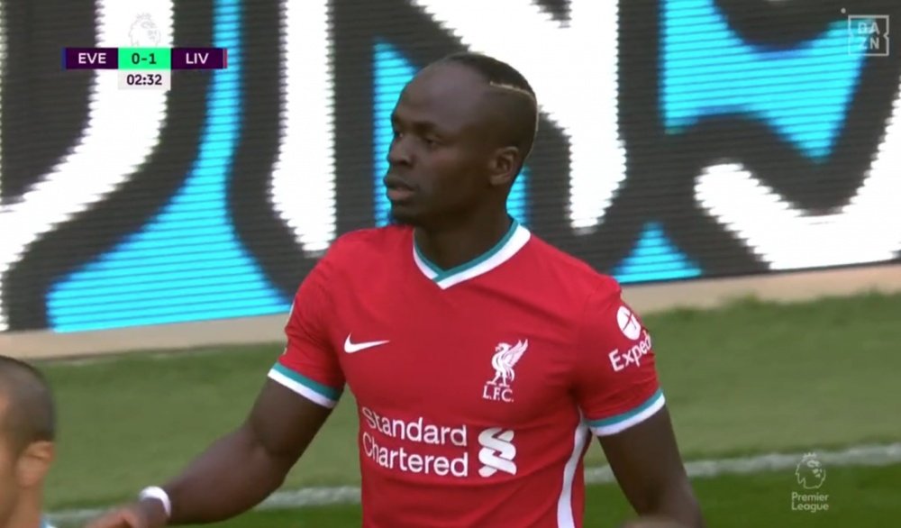 Mané after scoring against Everton. Screenshot/DAZN