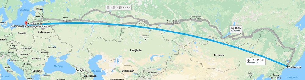 Vladivostok y Kaliningrado están separadas por una cantidad ingente de kilómetros. GoogleMaps