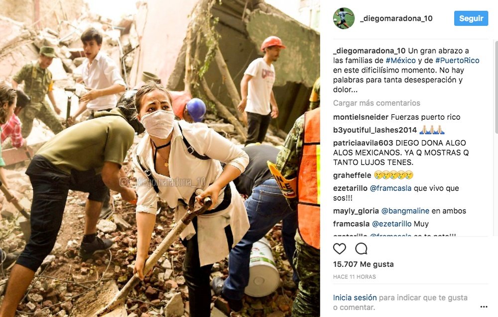 Maradona mostró sus condolencias ante el seísmo en México. Instagram/DiegoMaradona