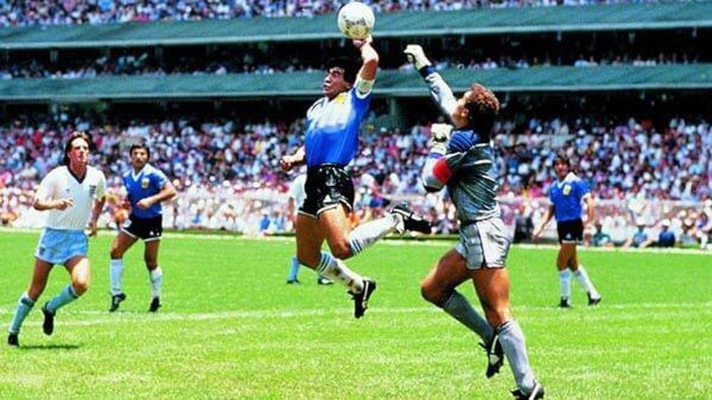 Maradona scoring the Hand of God goal. Twitter