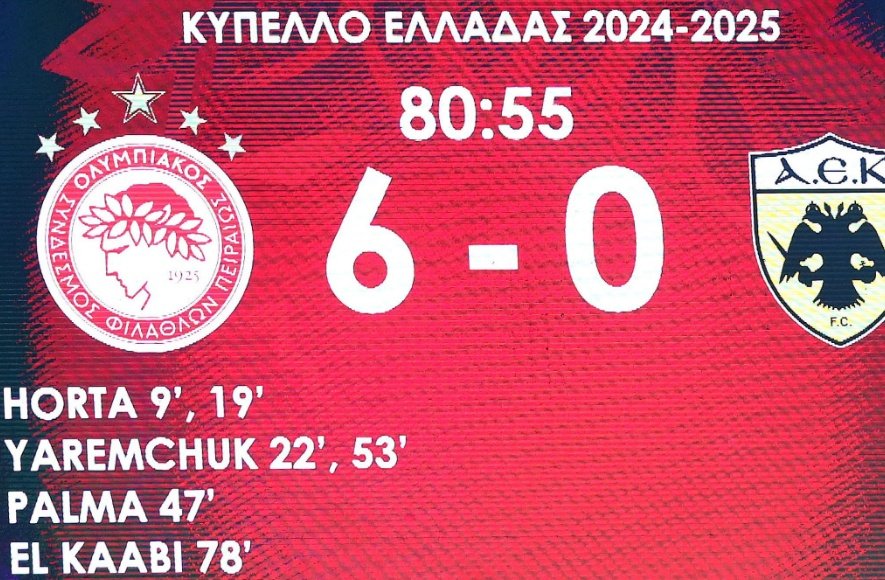 Olympiacos iguala su mayor goleada al AEK. Captura/dverveles