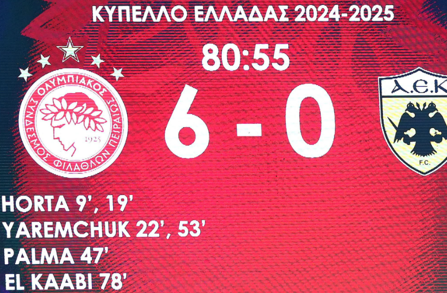 Olympiacos apabulló al AEK Atenas en la ida de los cuartos de final de la Copa de Grecia. Con el 6-0, el equipo de José Luis Mendilibar igualó la mayor goleada de la historia ante este rival. La anterior también fue con un entrenador español en el banquillo, con Ernesto Valverde en 2011.