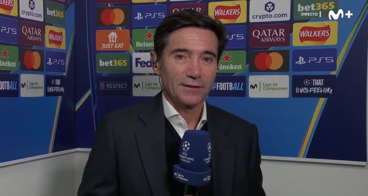 Marcelino complained about the refereeing against Spurs. Screenshot/MovistarLigadeCampeones