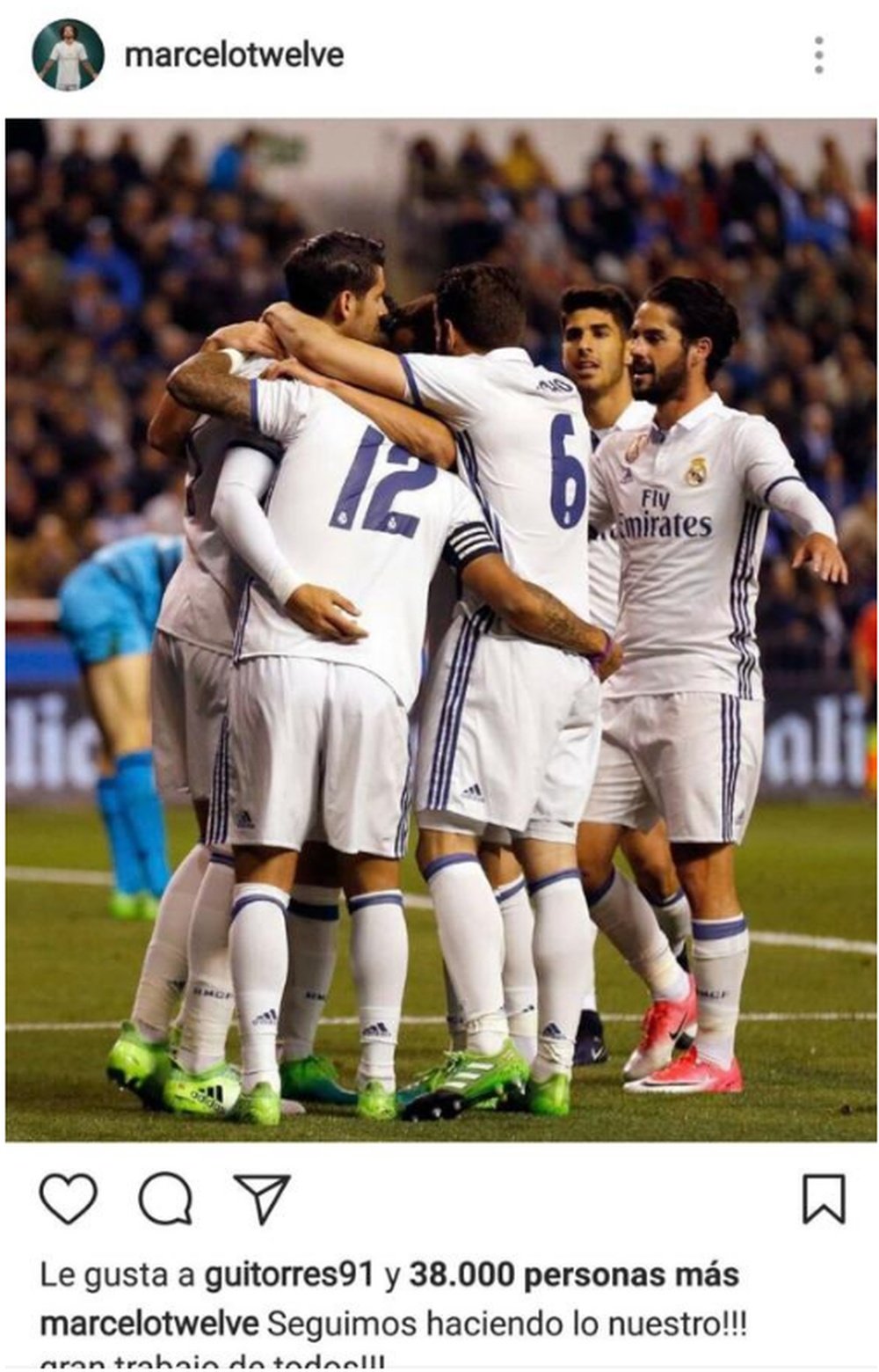 Guilherme, o brasileiro do Deportivo, curtiu a foto da comemoração do Real Madrid. Instagram
