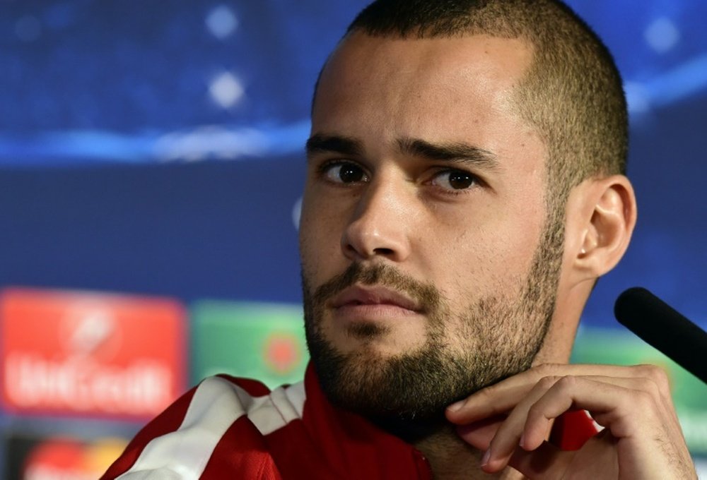 Mario Suarez attends a press conference at Calderon stadium in Madrid on April 13, 2015