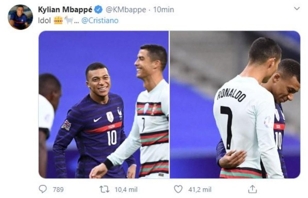 Mbappé elogió a CR7 tras el Francia-Portugal. Twitter/KMbappe