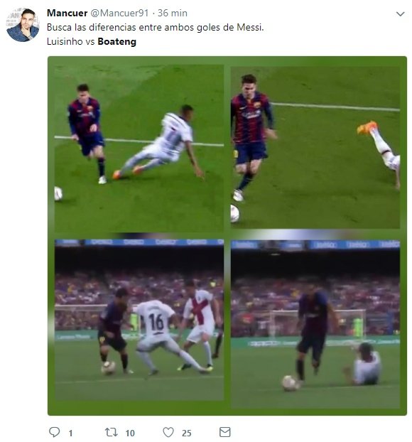 Hoy, en parecidos razonables, Boateng y Luisinho ante Messi. Twitter/Mancuer91