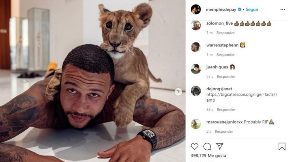 Depay subió una foto junto a un león cachorro. Instagram/memphisdepay