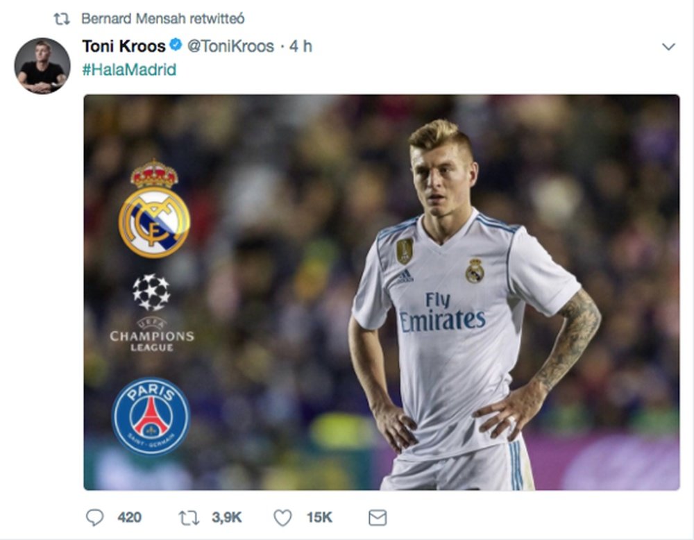 Mensah a retwitté le message madridiste de Kroos. Twitter
