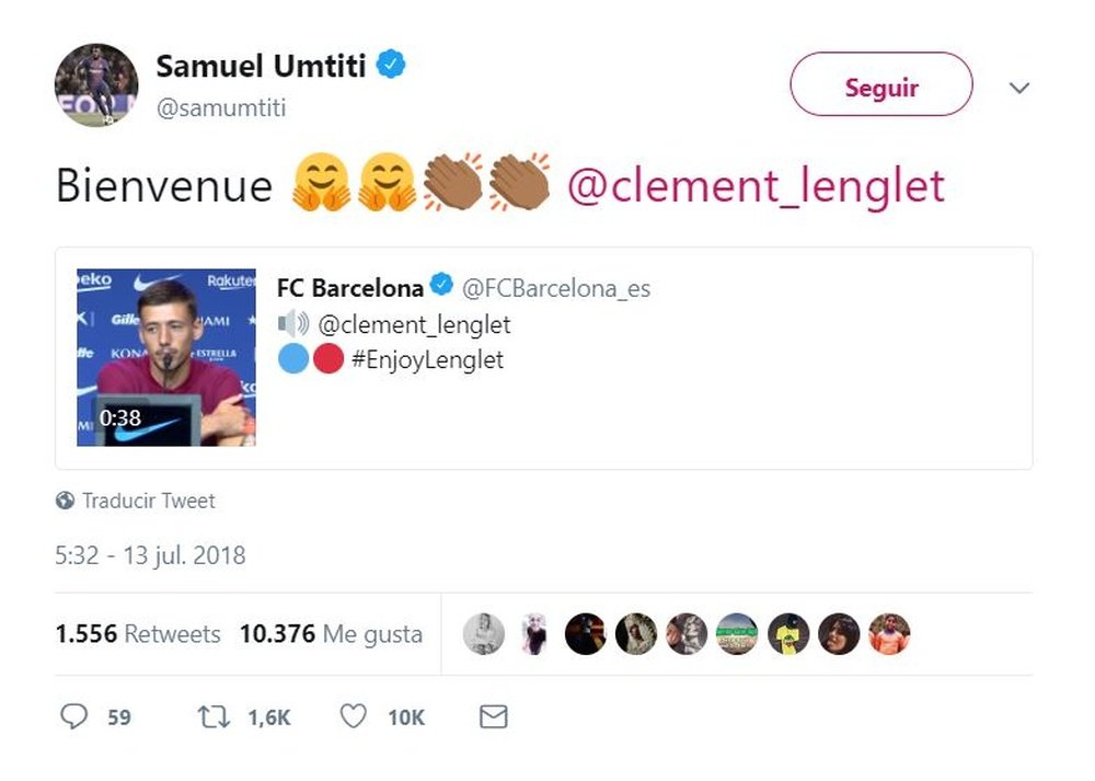 Umtiti sigue atento a lo que ocurre en el Barça. Twitter