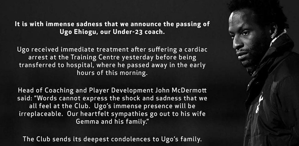 Mensaje de condolencia del Tottenham por el fallecimiento de Ugoi Ehiogu. Tottenham