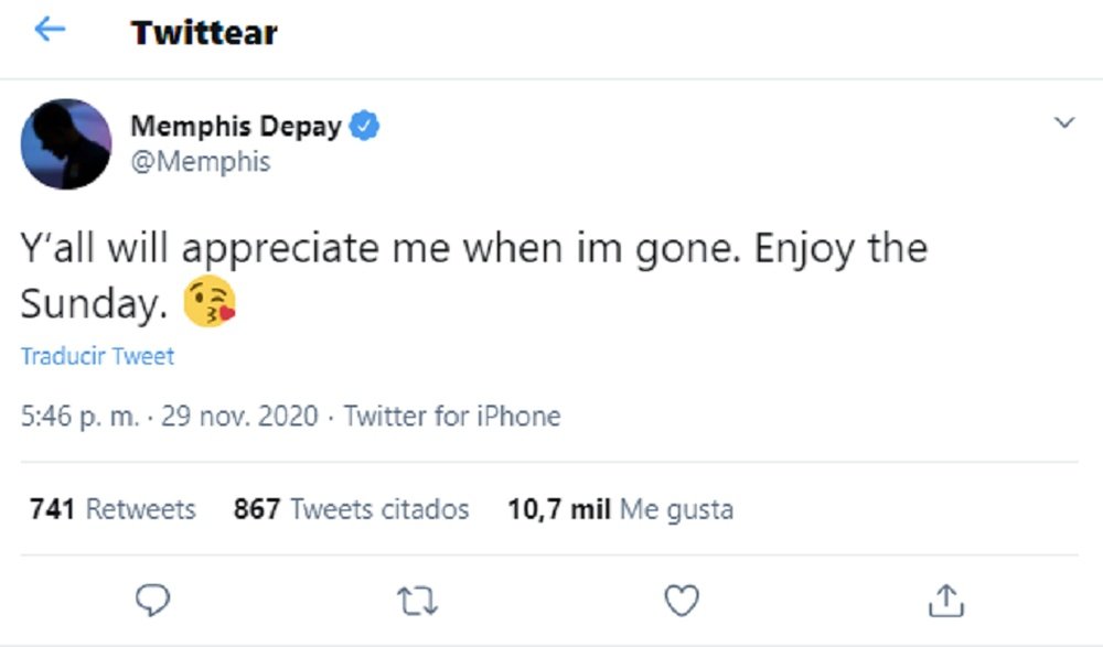 Depay sigue tirando dardos en las redes sociales. Captura/Twitter/Memphis