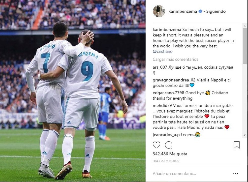 Benzema le dijo adiós a Cristiano. Instagram/KarimBenzema