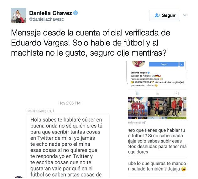 Vargas amenazó a una modelo tras criticarle por redes sociales. Twitter/DaniellaChavezc