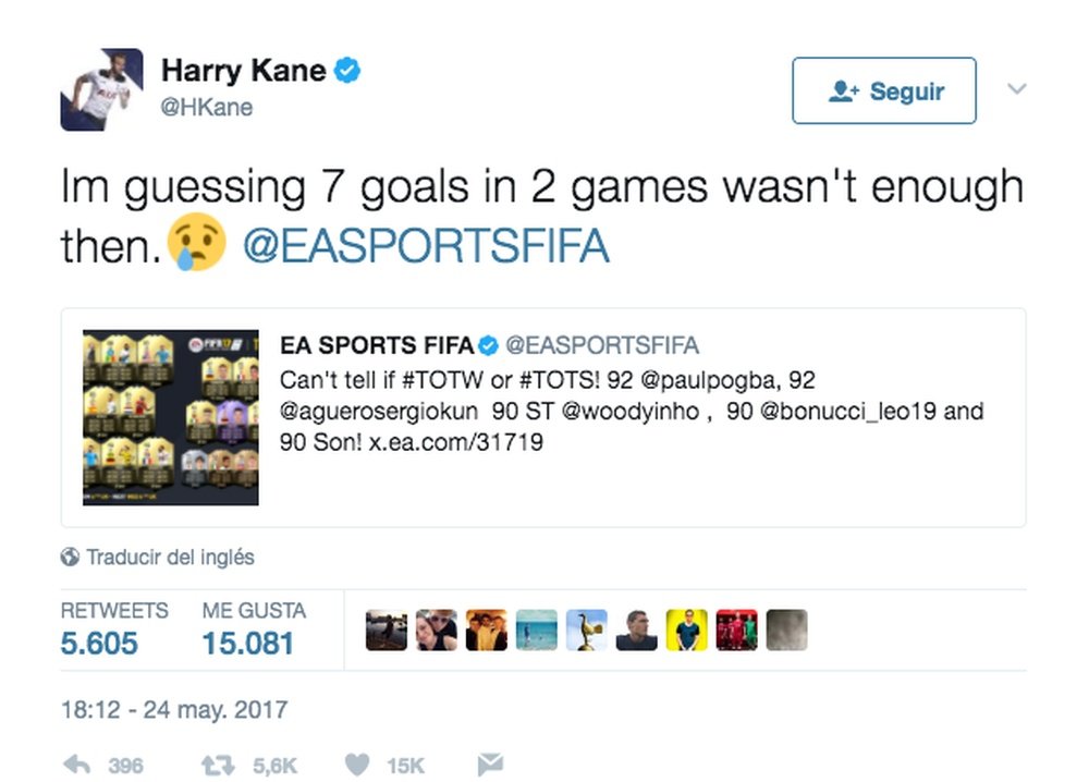 Le tweet d'Harry Kane à EA Sports. Twitter
