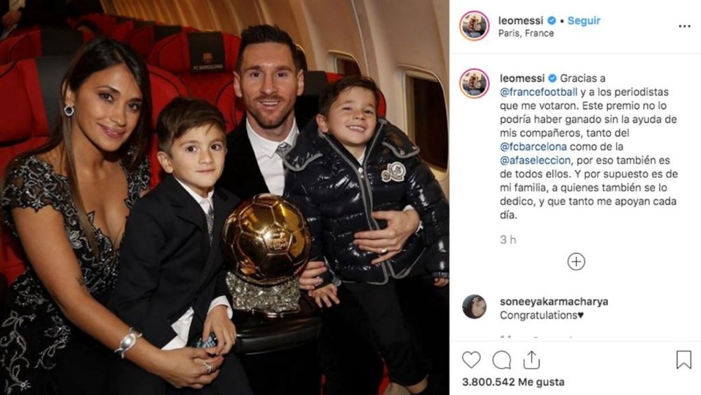 A mensagem de Messi na redes após a Bola de Ouro. Instagram/leomessi