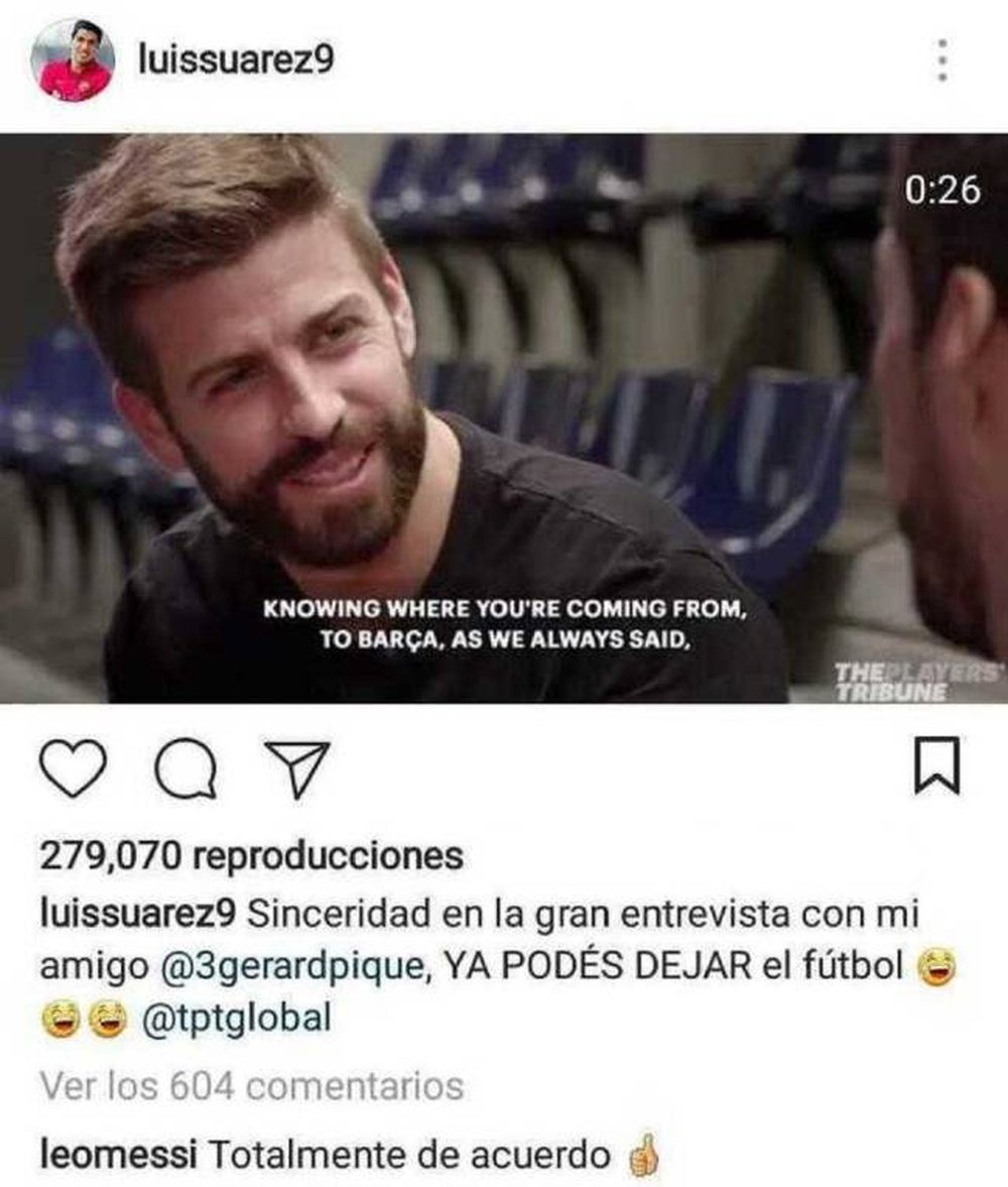 El delantero uruguayo y el mensaje que le dedicó a Piqué. Instagram/Luissuarez9