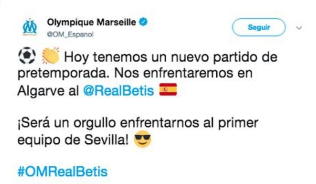 El Olympique de Marsella anunció su amistoso con el Betis. Twitter/OM_Espanol