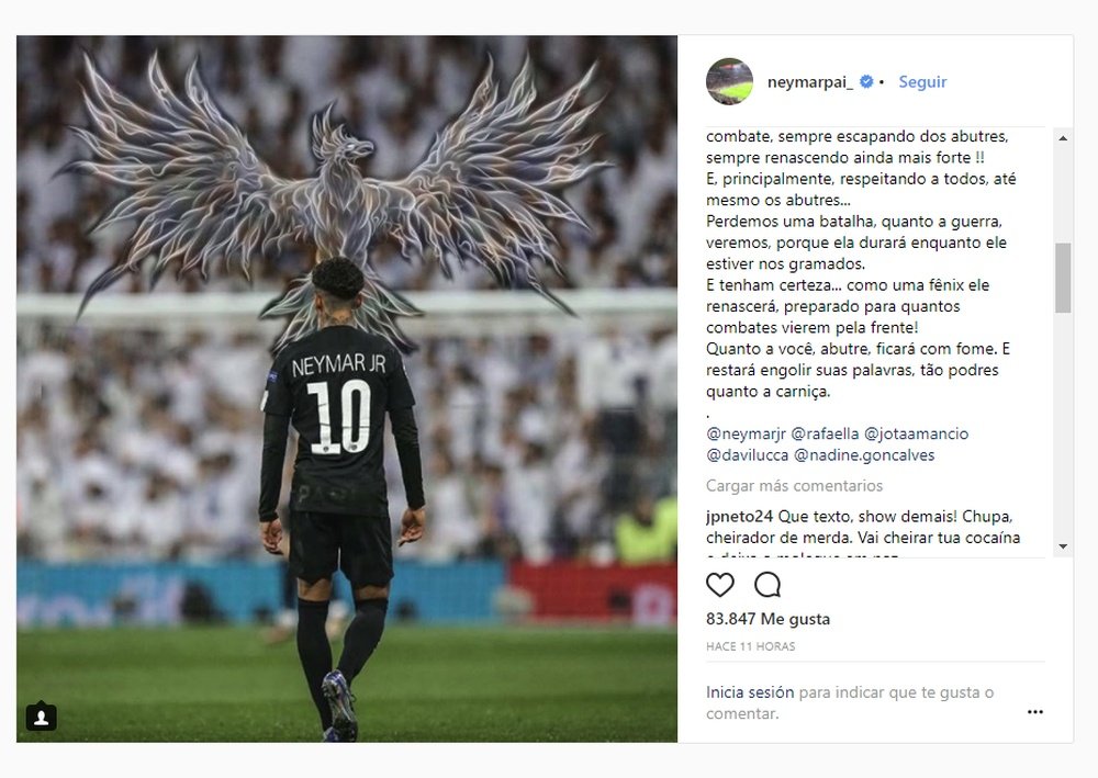 El padre de Neymar habla de su ave fénix particular. Instagram/Neymarpai