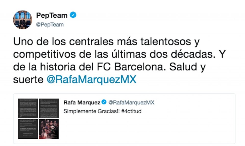 El mensaje en Twitter de Guardiola a Márquez. Twitter/PepTeam