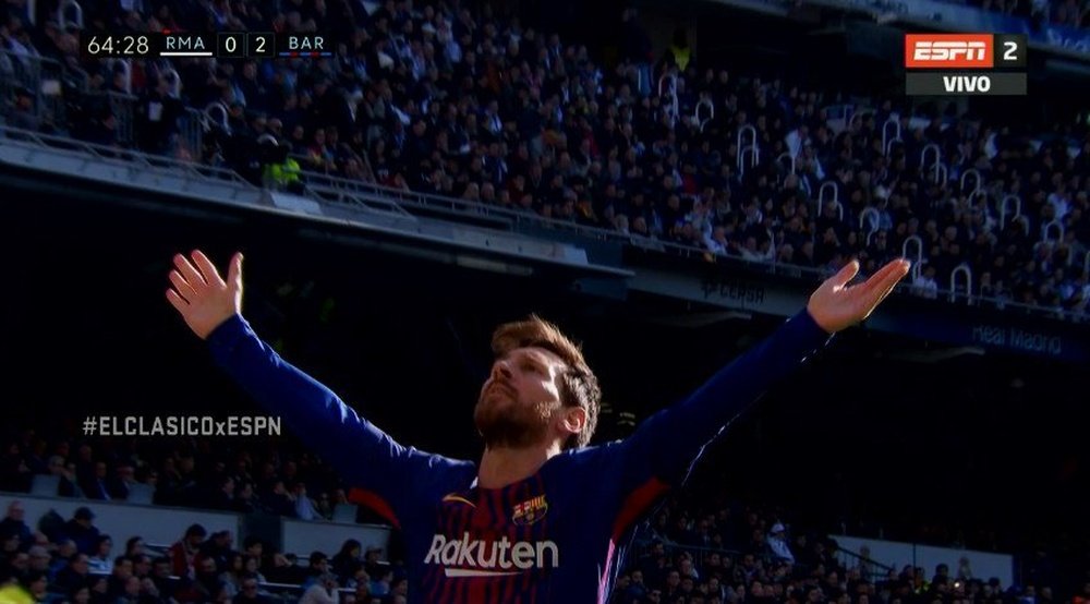 Messi celebra o 0-2 no Bernabéu. Captura/ESPN